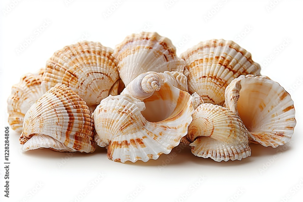 Poster a collection of various seashells arranged artistically on a surface.