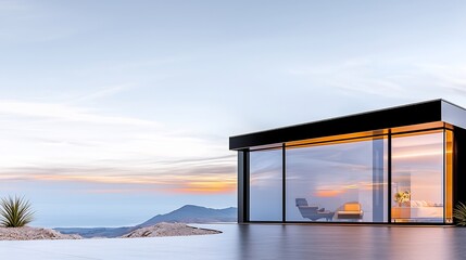 Fototapeta premium Modern glass house overlooking a sunset landscape, showcasing minimalist architecture and serene surroundings