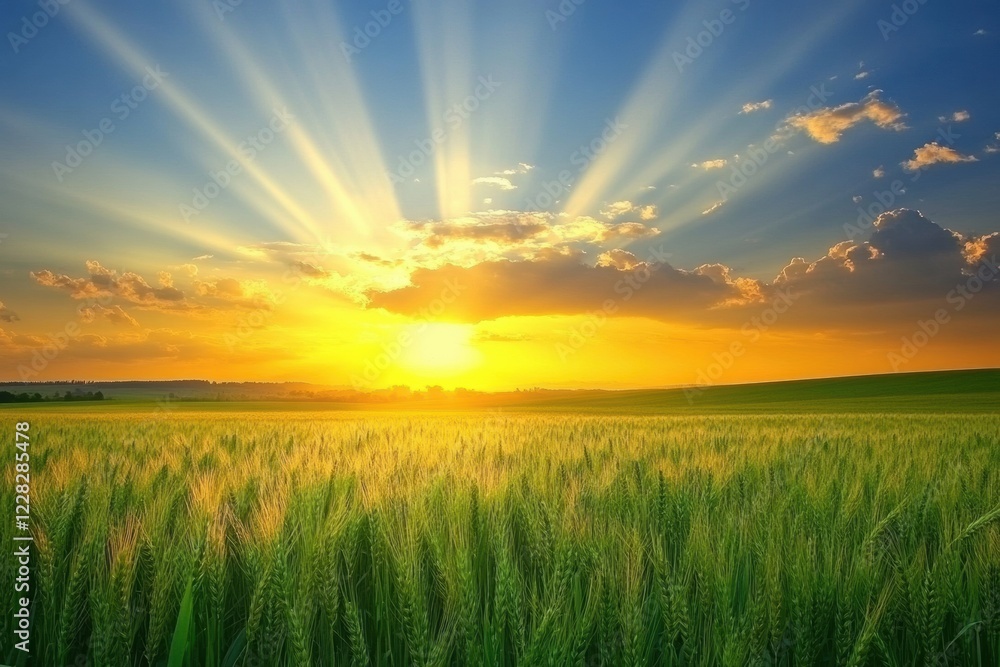Poster golden rays shining through vibrant ears of wheat at sunrise in a tranquil field setting. generative