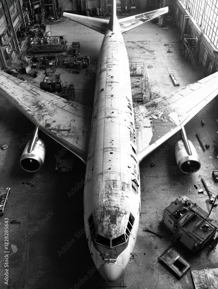Poster abandoned airplane inside large hangar awaiting restoration in an industrial setting during daylight