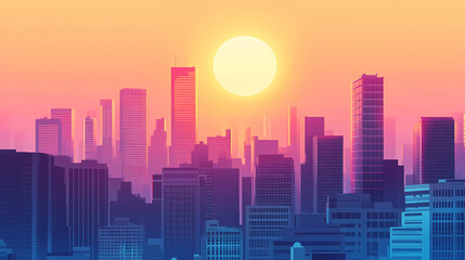 Fototapeta premium Large, bustling metropolis featuring numerous high-rises and radiant sun overhead. Radiant Horizon. Illustration