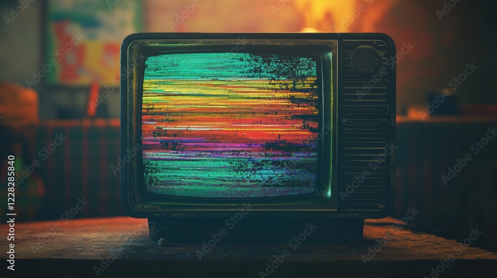 Poster retro television displays colorful glitch patterns and static noise in a dimly lit room with vintage