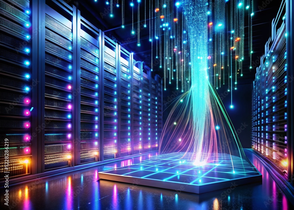 Poster data stream convergence: vibrant energy pulses through a cutting-edge server room, where glowing dat