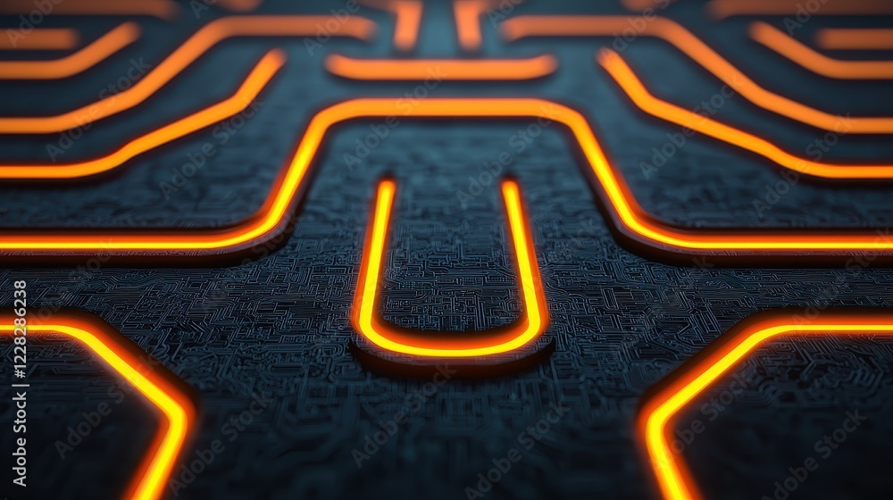 Aufkleber abstract circuit pattern with glowing orange lines on dark surface