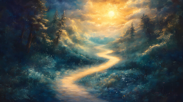 The winding trail, illuminated by radiant beams of light, beckons travelers onward towards an ethereal horizon where the promise of untold wonders and mysteries await. Radiant Horizon. Illustration