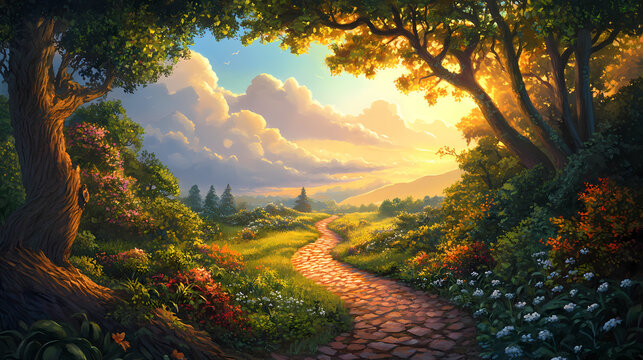 The winding trail, illuminated by radiant beams of light, beckons travelers onward towards an ethereal horizon where the promise of untold wonders and mysteries await. Radiant Horizon. Illustration
