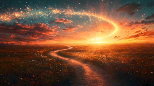 The winding trail, illuminated by radiant beams of light, beckons travelers onward towards an ethereal horizon where the promise of untold wonders and mysteries await. Radiant Horizon. Illustration