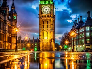Fototapeta premium Night Macro Photography of London's Iconic Clock Tower, Detailed Architecture, Illuminated Facade, Cityscape at Dusk