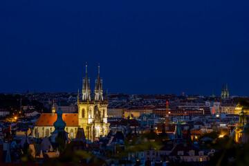 Night cityscape of the historic center of Prague, view from above of the old cathedral