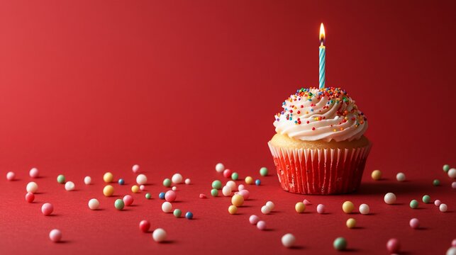 A Single Birthday Cupcake with a Lit Candle on Red Background