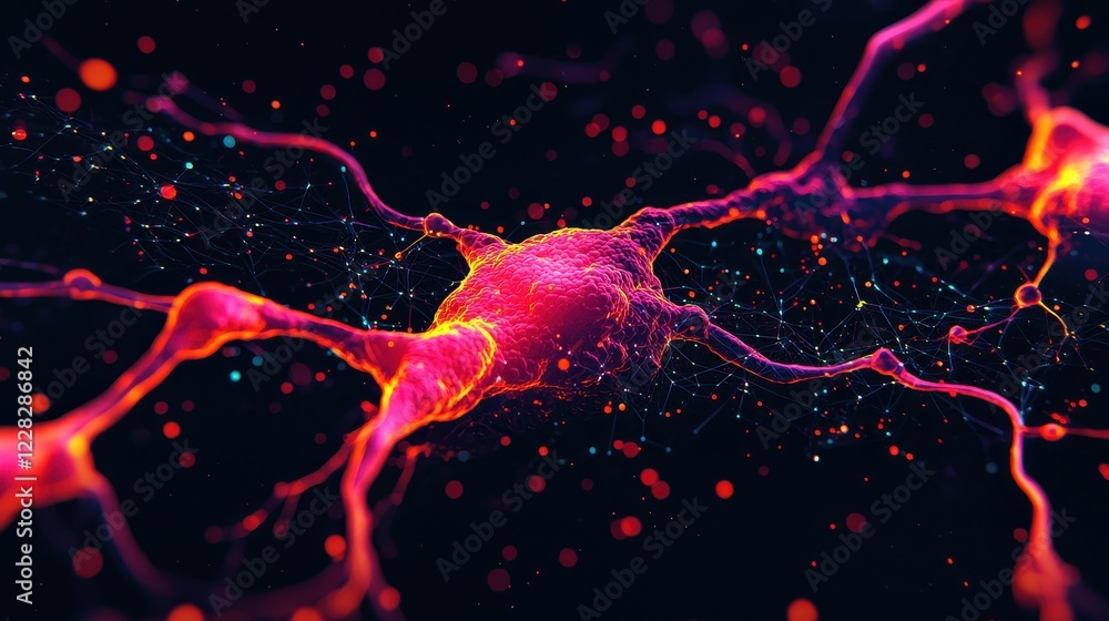 Poster vibrant neuron connection with colorful particles in dark background