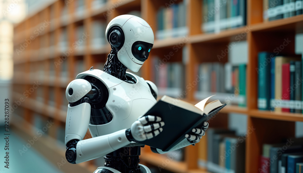 Poster futuristic robot reads book in library. white android with black details focused on study. modern te