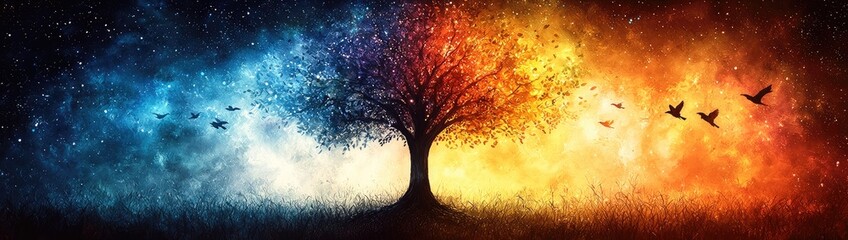 Mystical Star Wars-Inspired Glowing Tree with Cosmic Force Energy, Vibrant Colors, and Ethereal Galaxy