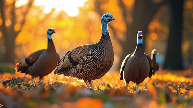 Wild Turkey Family in Autumn: A family of wild turkeys strut through a field of fallen autumn leaves.
