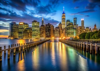 Obraz premium NYC Skyline Pier 1 Night View - Dramatic Cityscape & Empty Space