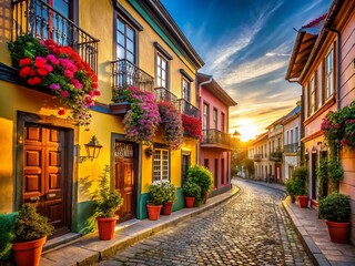 Obraz premium Ochagavia Street: Charming Chilean Architecture, Cobblestone Streets, Colorful Buildings, South American Cityscape