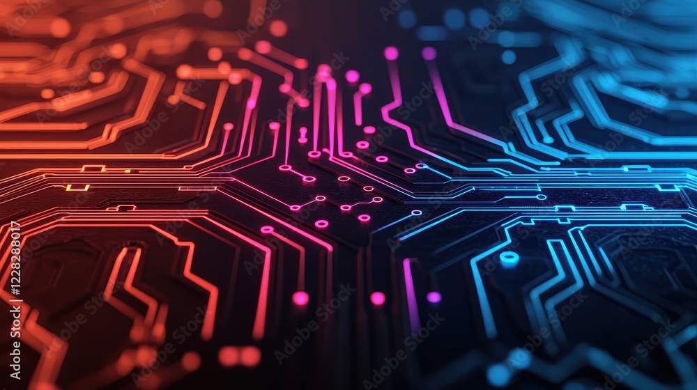 Poster futuristic circuit board design in vibrant colors and patterns