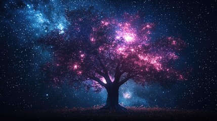 Mystical Star Wars-Inspired Glowing Tree with Cosmic Force Energy, Vibrant Colors, and Ethereal Galaxy