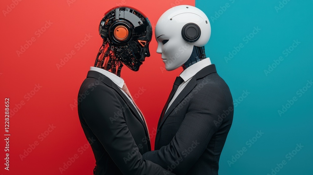 Poster futuristic robots in business attire embracing against colorful background