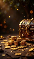 Treasure chest filled with gold coins on a wooden surface with sparkling light