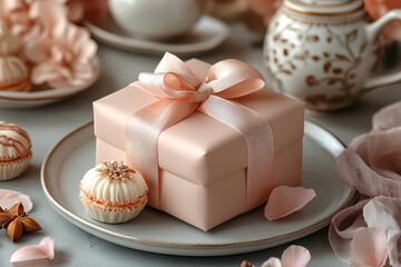 Beautifully wrapped gifts for International Women's Day celebration, showcasing elegant and colorful present boxes with ribbons and bows