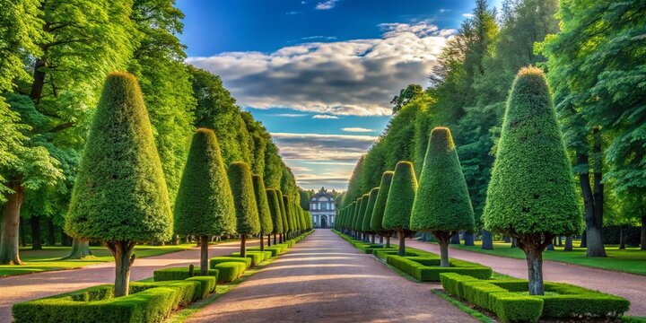 Oranienbaum Lower Park: Conical Tui Trees Avenue, Lomonosov, St. Petersburg, Russia - Scenic Garden Landscape