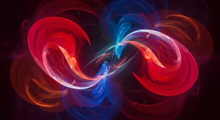 Intertwined Energies: A captivating abstract illustration showcasing a vibrant dance of red and blue light, swirling and intertwining against a dark background.