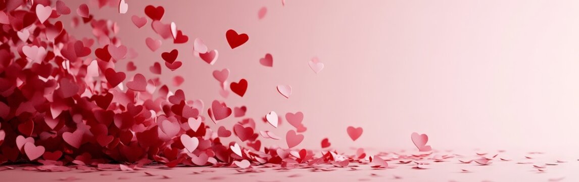 A playful string of red paper hearts on pastel pink, ideal for Valentine's Day, weddings, and festive event promotions.