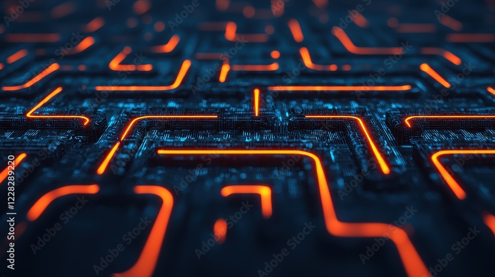 Poster abstract circuit board design with glowing orange lines and patterns