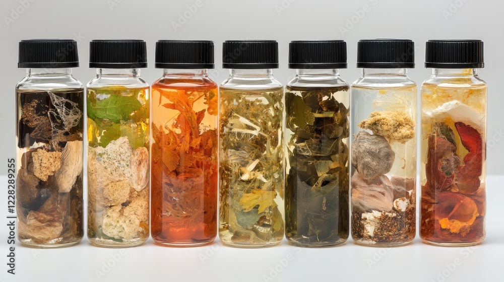 Poster clear lab vials containing experimental solutions arranged systematically.