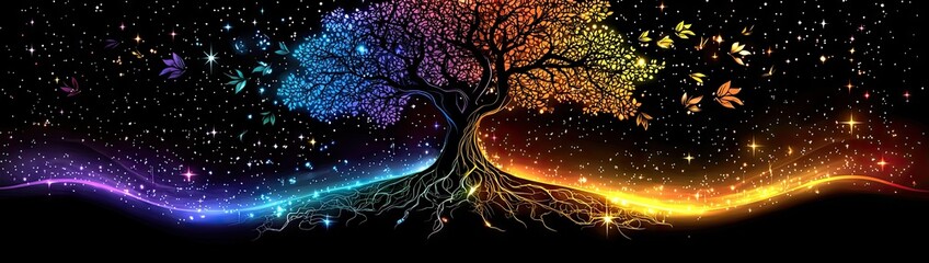 Mystical Star Wars-Inspired Glowing Tree with Cosmic Force Energy, Vibrant Colors, and Ethereal Galaxy