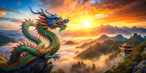 Fototapeta premium Oriental Dragon Double Exposure: Mystical Ink Wash Painting & Dramatic Landscape