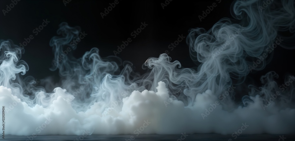 Poster Abstract studio shot of white smoke swirling, creating textured clouds against dark background. Mysterious, ethereal effect. Dramatic composition perfect for design projects fantasy concepts. Softly