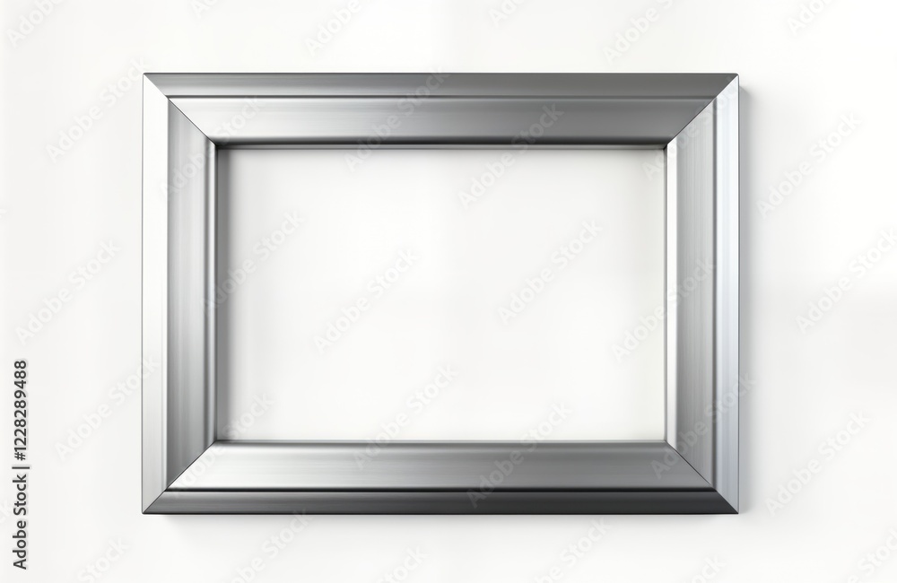 Poster Silver picture frame with reflective surface. Modern frame style. Empty frame ready for artwork picture. Great for display decor. Simple design. High quality material. Blank template. Studio shot on