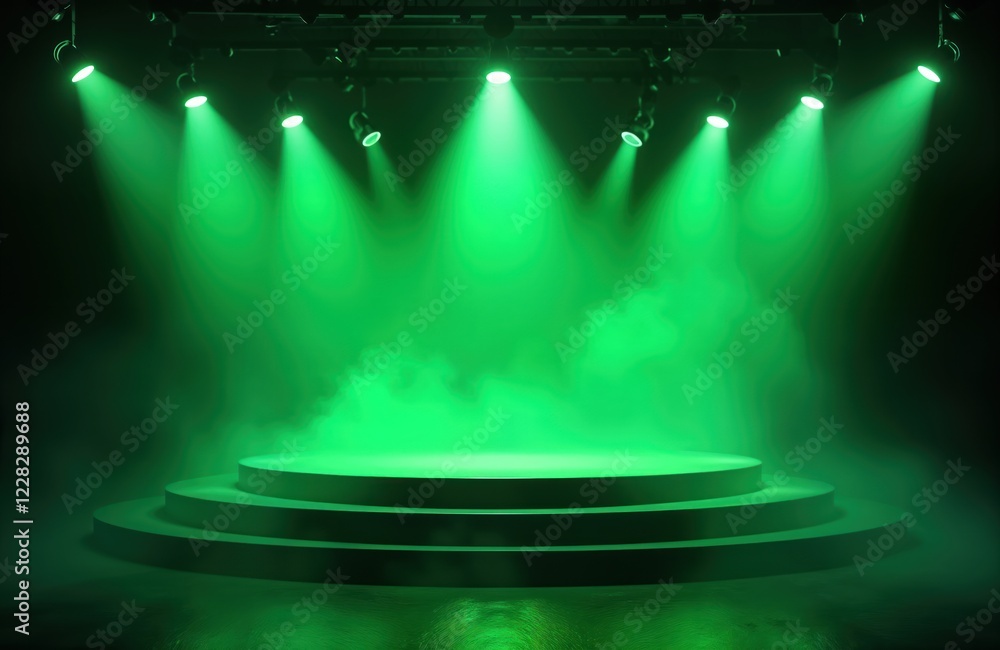 Poster empty stage with green spotlights, fog. dark background. circular platform. ideal for product presen