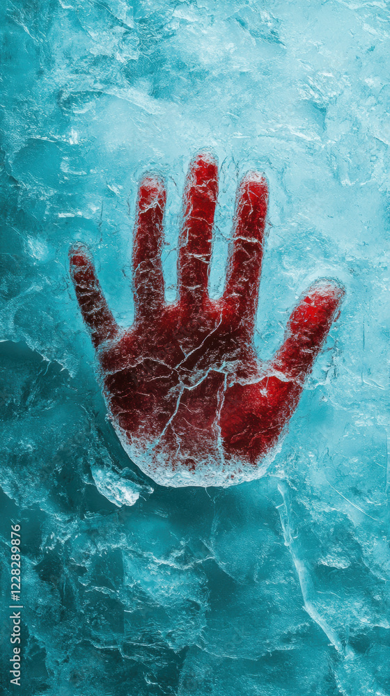Poster cold case murders, a frozen handprint in ice with red drips, showcasing a unique and artistic blend 