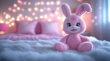 Obraz premium Pink bunny toy sits on bed, fairy lights background