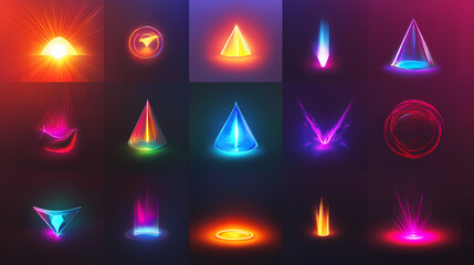 Branding concepts colorful radiant icons emerging a central glowing point in a clean minimalist background. Radiant Horizon. Illustration