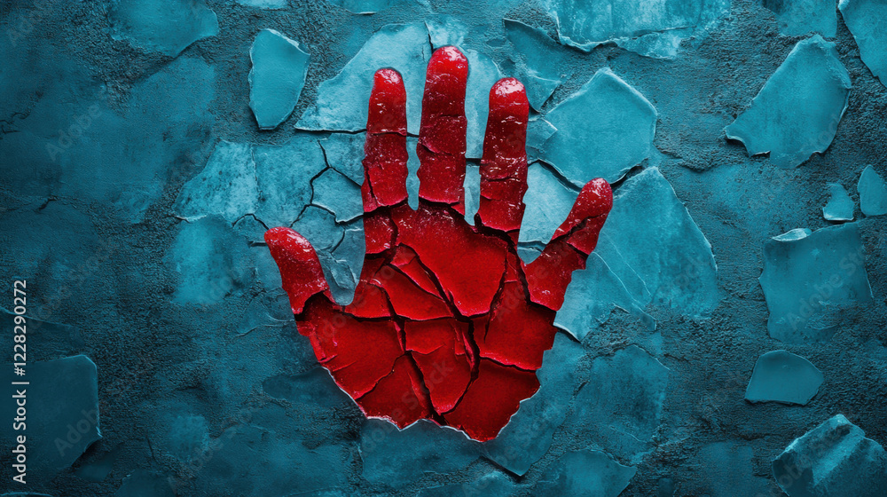 Poster cold case murders, a vivid image of a handprint frozen in ice with red drips, showcasing a high-fide
