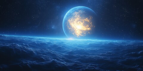 Fototapeta premium Celestial event blue planet in space digital cosmic environment stellar viewpoint interstellar concept