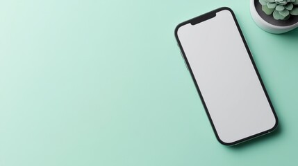 Modern smartphone on a mint green background with a small potted succulent for minimalistic design inspiration