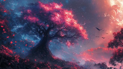 Mystical Star Wars-Inspired Glowing Tree with Cosmic Force Energy, Vibrant Colors, and Ethereal Galaxy