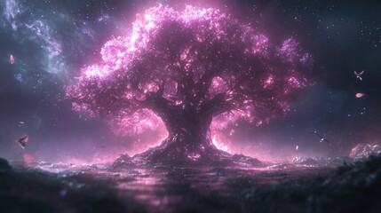Mystical Star Wars-Inspired Glowing Tree with Cosmic Force Energy, Vibrant Colors, and Ethereal Galaxy