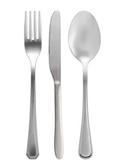 Stainless steel cutlery set. Spoon, knife, fork, isolated