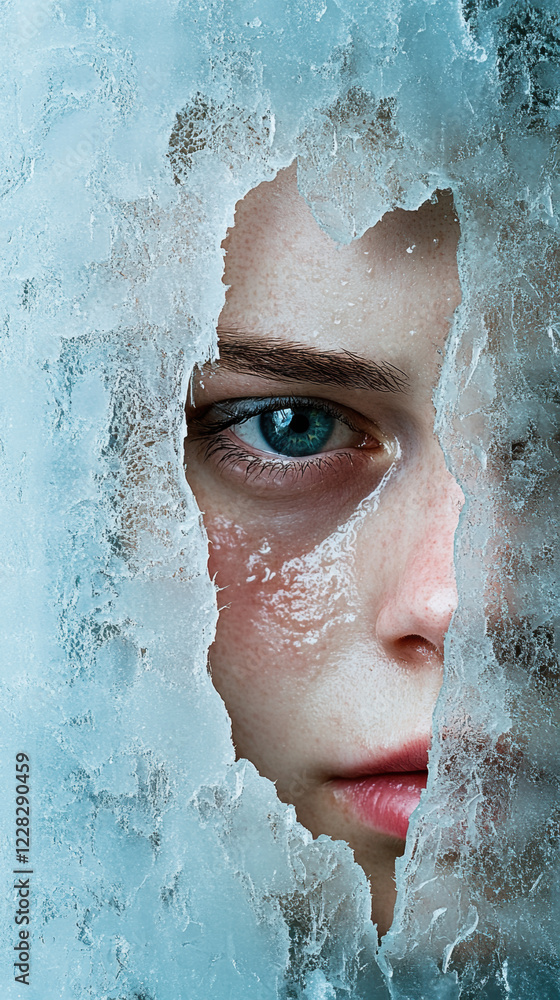 Poster cold case murders, a high-fidelity image of a pair of eyes gazing through a frosted window, capturin