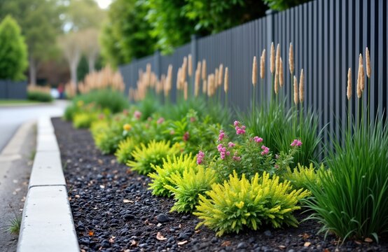Urban garden landscaping along city street. Decorative plants, flowers in flowerbeds. Grey metal fence lines garden. Mulch dark grey slate. Well-maintained, attractive design. Urban neighborhood