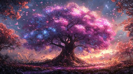 Mystical Star Wars-Inspired Glowing Tree with Cosmic Force Energy, Vibrant Colors, and Ethereal Galaxy