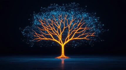 Digital Tree with Blue and Orange Glowing Branches and Roots