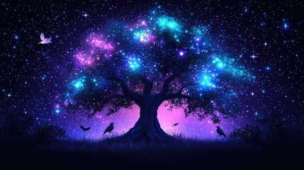 Mystical Star Wars-Inspired Glowing Tree with Cosmic Force Energy, Vibrant Colors, and Ethereal Galaxy