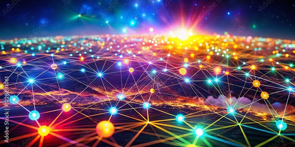 Poster panoramic abstract digital network: glowing nodes & interconnected pathways